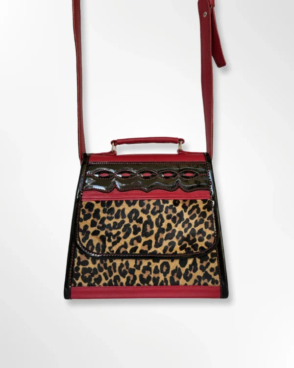 Cartera manos libres para dama en cuero animal print Tania rojo animal print 1
